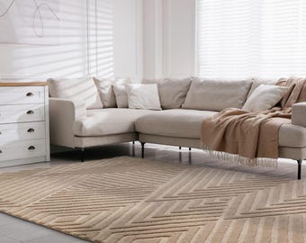 Indian Wool Rug, Beige Geometric High-Low Pile, Textured Area Design