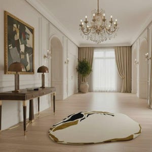 Handtuftad abstrakt matta, krämfärgad, svart och guld, oregelbunden form