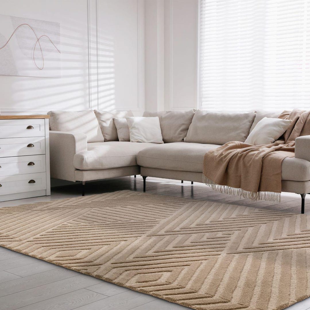 Hand-tufted Beige Geometric Rug, Modern High-low Pile - Etsy