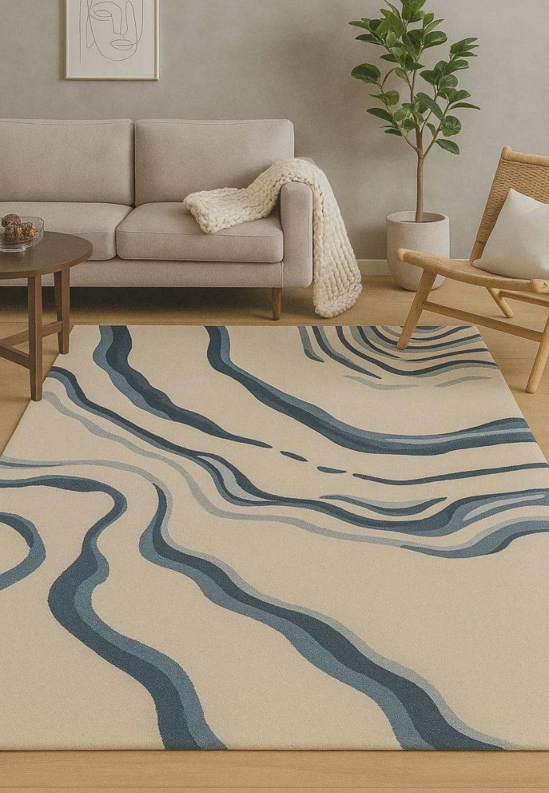 Hand-tufted Wool Rug – Abstract Ocean Wave Design, Blue & Ivory - Etsy