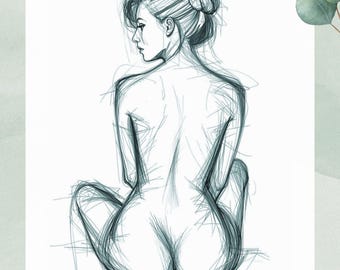 Minimalist Female Figure Sketch: Sensual Line Art Print (Digital Print)