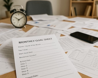 May include: A desk scene with a "MONTHLY GOAL SHEET" in focus. A black alarm clock and a smartphone are also visible. The goal sheet includes sections for theme, goals, action plan, and reward. Papers are scattered on the wooden surface.