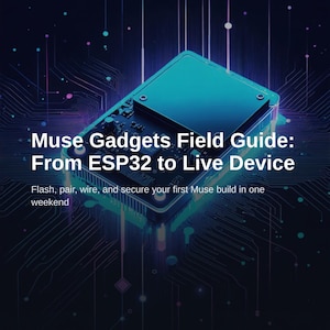 Könnte beinhalten: Ein digitales Buchcover mit dem Titel Muse Gadgets Field Guide: From ESP32 to Live Device. Das Cover zeigt einen dunkelblauen Hintergrund mit leuchtenden Leiterplattenmustern und einer zentralen elektronischen Komponente sowie den Text Flash, pair, wire, and secure your first Muse build in one weekend.