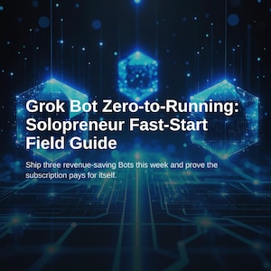 Peut inclure: Un guide numérique intitulé Grok Bot Zero-to-Running: Soloprenuer Fast-Start Field Guide avec le sous-titre Ship three revenue-saving Bots this week and prove the subscription pays for itself. L'arrière-plan présente des formes géométriques bleues.