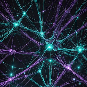 Könnte beinhalten: Abstrakte digitale Kunst, die ein Netzwerk aus miteinander verbundenen Knoten und Linien darstellt. Das Bild zeigt einen dunklen Hintergrund mit türkis und violett leuchtenden Elementen, die eine futuristische und wissenschaftliche Ästhetik erzeugen. Das Design ähnelt Nervenbahnen.