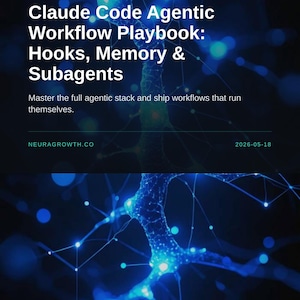 Pode incluir: Gráfico azul escuro com o texto "Claude Code Agentic Workflow Playbook: Hooks, Memory & Subagents." A imagem também inclui o texto "Domine a pilha agêntica completa e envie fluxos de trabalho que funcionam sozinhos."