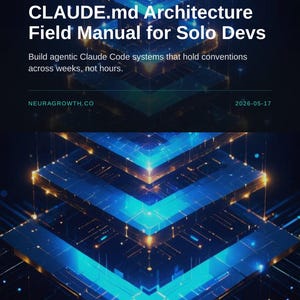 May include: A digital graphic with the text "CLAUDE.md Architecture Field Manual for Solo Devs" and "Build agentic Claude Code systems that hold conventions across weeks, not hours." The image has a blue and gold geometric design with the NeuraGrowth logo and website address.