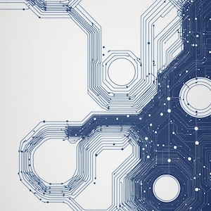 Könnte beinhalten: Abstrakte digitale Kunst mit einem blauen Leiterplattendesign auf weißem Hintergrund. Das Design umfasst miteinander verbundene Linien, Kreise und Punkte, die eine komplexe und technische Ästhetik erzeugen. Geeignet für technologiebezogene Produkte.