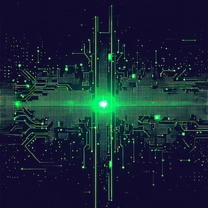 Può includere: Illustrazione digitale di un design di circuito stampato. L'immagine presenta uno sfondo blu scuro con linee e punti verde brillante, creando un motivo a rete. Una luce verde brillante centrale è il punto focale.