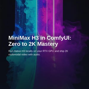 Può includere: Una grafica digitale con il testo MiniMax H3 in ComfyUI: Zero to 2K Mastery e Run Hailuo H3 locally on your RTX GPU and ship 2K multimodal video with audio. Lo sfondo mostra fumo astratto blu e viola con fasci di luce verticali.