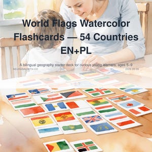 World Flags Watercolor Flashcards | 54 Countries Bilingual Learning image 1