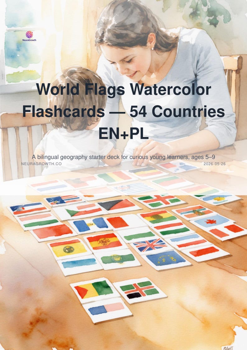 World Flags Watercolor Flashcards | 54 Countries Bilingual Learning image 1
