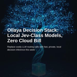 Può includere: Un grafico digitale che mostra un albero blu luminoso che sorge da un cubo traslucido su uno sfondo scuro. Il testo recita: Ollaya Decision Stack: Local Jev-Class Models, Zero Cloud Bill. Replace costly LLM routing calls with fast, private, local decision inference this week. Il logo e l'URL di Neuragrowth sono visibili.