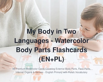 Bilingual Body Parts Flashcards - English Polish Watercolor Learning Cards