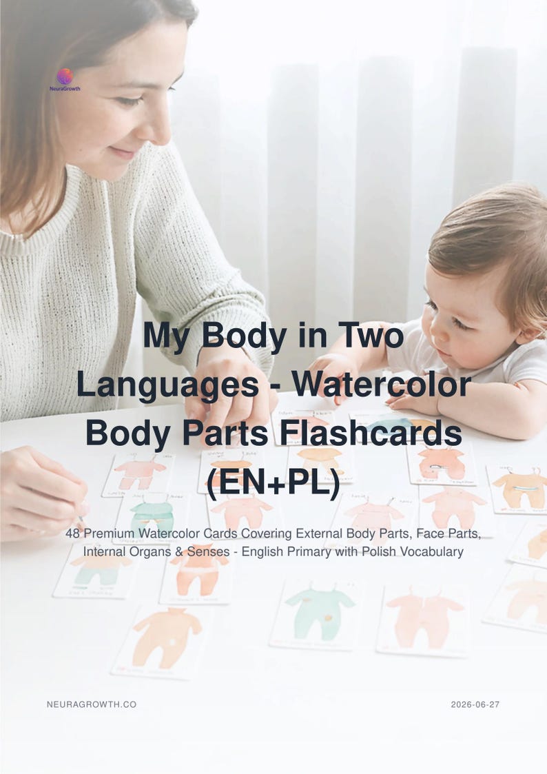 Bilingual Body Parts Flashcards - English Polish Watercolor Learning Cards image 1