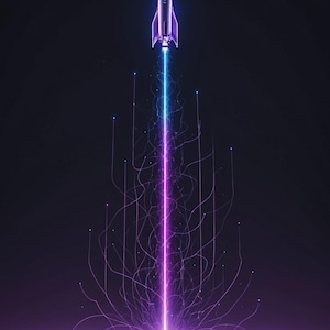 Könnte beinhalten: Eine digitale Illustration einer lila-silbernen Rakete beim Start. Die Rakete emittiert eine blaue und violette Lichtspur, mit Linien, die sich von der Spur erstrecken. Der Hintergrund ist dunkel, mit einem gitterartigen Muster am Boden.