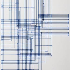 May include: Abstract artwork with a complex network of blue lines on a white background. The design features vertical and horizontal lines, with small dots at intersections, creating a technical or architectural aesthetic.