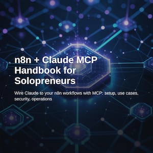 Op de afbeelding: Een digitale handleidingomslag getiteld n8n + Claude MCP Handbook for Solopreneurs, met een donkerblauwe achtergrond met gloeiende geometrische knooppunten en lijnen. De tekst bevat instructies voor het koppelen van Claude aan n8n-workflows.