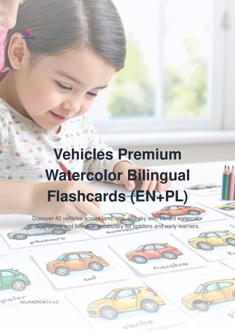 Bilingual Watercolor Flashcards: 40 Vehicles in English and Polish image 1