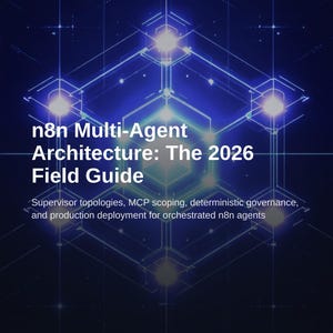 Può includere: Un documento digitale intitolato n8n Multi-Agent Architecture: The 2026 Field Guide. La copertina presenta uno sfondo blu scuro con un motivo a rete geometrico, luminoso e interconnesso, e il logo Neuragrowth nell'angolo in alto a sinistra.