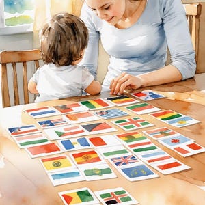 World Flags Watercolor Flashcards | 54 Countries Bilingual Learning image 2