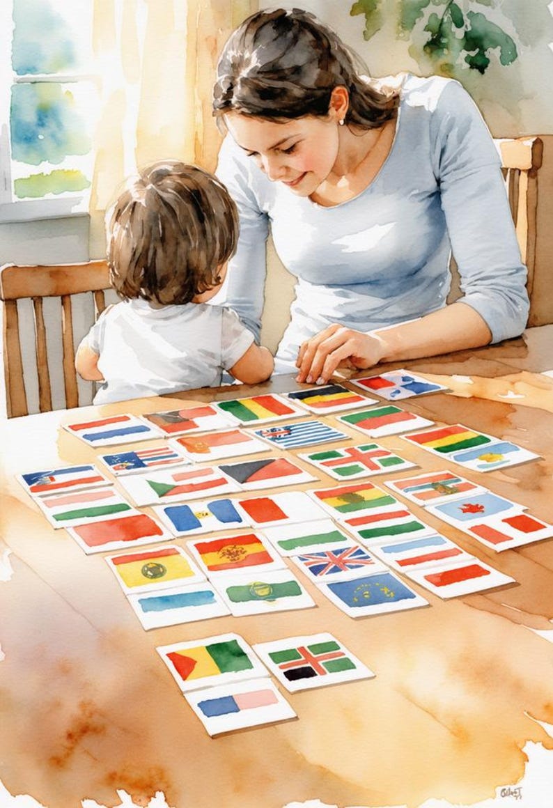 World Flags Watercolor Flashcards | 54 Countries Bilingual Learning image 2