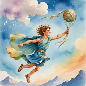 May include: A watercolour illustration of a figure with curly brown hair wearing a blue tunic and cape, flying through a sky with clouds and mountains. The figure holds a spherical object with gold bands attached to ribbons, floating upward.