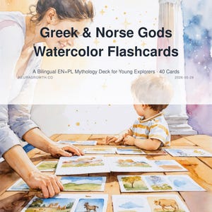 Greek and Norse Gods Watercolor Flashcards: Bilingual EN+PL Mythology Learning Deck image 1