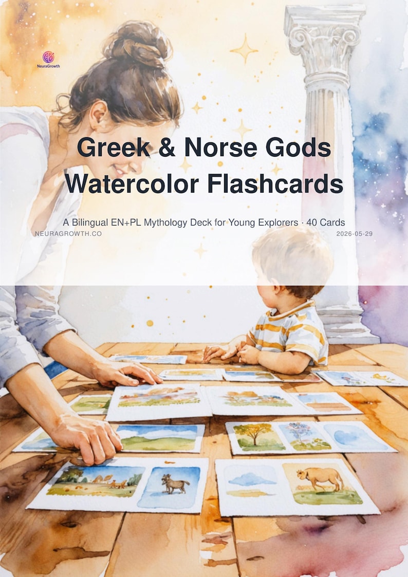 Greek and Norse Gods Watercolor Flashcards: Bilingual EN+PL Mythology Learning Deck image 1