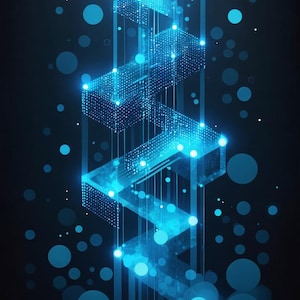 May include: Abstract digital art featuring a glowing blue geometric structure with interconnected lines and dots. The design has a 3D effect, with bright highlights and a dark background. The image evokes a sense of technology and data visualization.