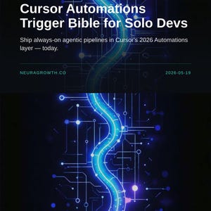 May include: Dark blue graphic with the text "Cursor Automations Trigger Bible for Solo Devs." A glowing blue line weaves through a circuit board design. The text "Ship always-on agentic pipelines in Cursor's 2026 Automations layer - today." is also present.