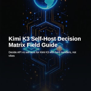 Könnte beinhalten: Ein digitales Dokument mit dem Titel Kimi K3 Self-Host Decision Matrix Field Guide und dem Untertitel Decide API vs self-host for Kimi K3 with hard numbers, not vibes. Der Hintergrund zeigt einen leuchtenden blauen Globus und Schaltkreise.
