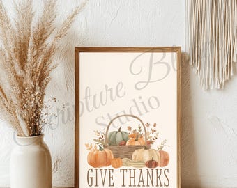Boho Herbst Kürbis Korb Kunstdruck, Aquarell Thanksgiving Dekor, geben Danke Bauernhaus Wandkunst, digitaler Download
