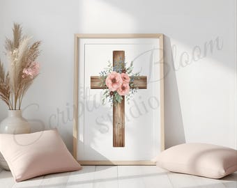 Christliches Kreuz Wand Kunstdruck, Aquarell Blumen Osterdruck, Jesus Glaube Dekor, digitaler Download Bibel Vers Schrift Print