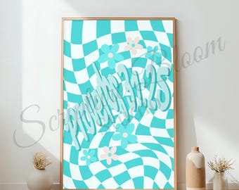 Sprüche 31:25 Print, Teal Groovy Schachbrett Gewellte Schrift Wandkunst, trendiges Christian Boho Digital Download Poster für Frauen