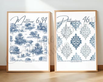 Toile & Damast Bibel Vers Druckt 2er-Set, christliche digitale Wandkunst, Schrift Zitat Dekor, Matthäus 6 34 Philipper 4 6 Geschenk