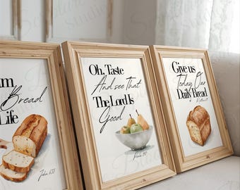 Christliche Küche Wandkunst 3er-Set, Bibel Vers Druckt Digitaler Download, Ich bin das Brot des Lebens, tägliches Brot Glaube Dekor Geschenk