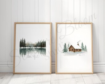 Aquarell Christian Art Print Set, Bibel Vers Wand-Dekor, rustikale Winter Cabin Waldsee Malerei, digitaler Download druckbare