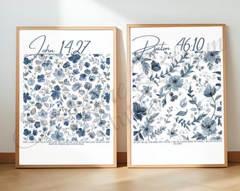 Christliche minimalistische Wandkunst druckbare, blaue Blumenschrift-Zitat-Set mit 2 Drucken, neutrales Bibel-Versdekor, Johannes 14 27 Psalm 46 10 Geschenk