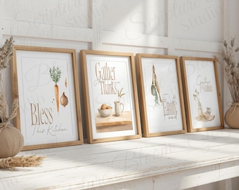 Christliche Küchendekoration 4er-Set, Bauernhaus Bless This Home Drucke, Schrift inspirierte Wandgalerie, digitaler Download, auf Glauben basierendes Geschenk