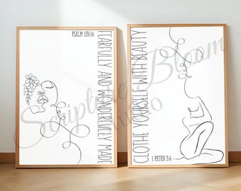 Christliche minimalistische Wandkunst zum Ausdrucken, Schriftzitat, neutrales Bibelversdekor, Linie Kunstfrau, Psalm 139 14, 1 Petrus 3 4