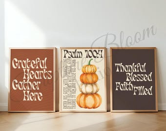 Christliches Wandkunst-Set, dankbare Herzen drucken, Retro-Schrift Dekor, Psalm 100 4, auf Glauben basierende Galeriewand, neues Zuhause Geschenk zum Ausdrucken