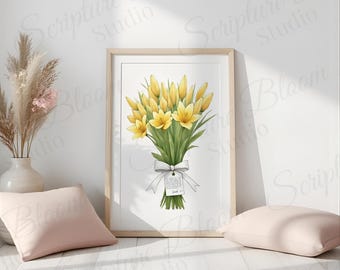 Impresión de arte mural con ramo de narcisos amarillos, acuarela floral primaveral, descarga digital, decoración cristiana para el hogar, regalo de Pascua.