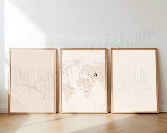 Weltkarte Christliche Wand Kunst 3er-Set, wo immer du bist Kunst, digitaler Download Reise Bibel Vers Drucke, ästhetisches Fernweh Geschenk