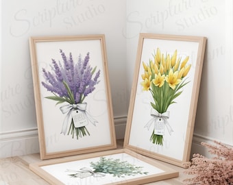 Juego de 3 impresiones botánicas con descarga digital, arte mural de acuarela de eucalipto con flores de lavanda amarilla, versículo bíblico cristiano para decoración del hogar.
