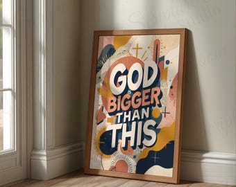 Boho Christian Wandkunst, Gott ist größer Druck, Retro Glaube digitaler Download, religiöse Bürodekoration, Abschlussgeschenk ermutigend