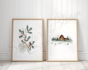 Winter Holly & Barn Bibel-Vers-Druck-Set, christliche digitale Kunst Download, Luke 2 7 James 1 17 Schrift Wanddekor
