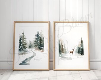 Christliche Wandkunst 2er-Set, Winterwald druckbare Dekoration mit Bibel Vers Sprüche 3 6 Psalm 42 1, Aquarell Waldglaube Start Geschenk
