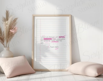 Impresión "Hechos Temibles y Maravillosos", Salmo 139:14, Arte de Pared con las Escrituras, Decoración Cristiana para el Hogar, Descarga Digital de Versículos Bíblicos, Arte para Habitaciones Femeninas