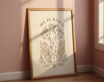 Er ist auferstanden Osterwandkunst, christliches Osterdekor, botanische Kreuzliliendruck, Bibelversplakat, digitaler Download, auf Glauben basierendes Geschenk